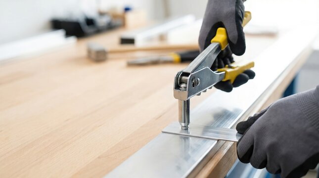 A worker in protective gloves is using a hand riveter tool to fasten a metal plate to an aluminum profile.