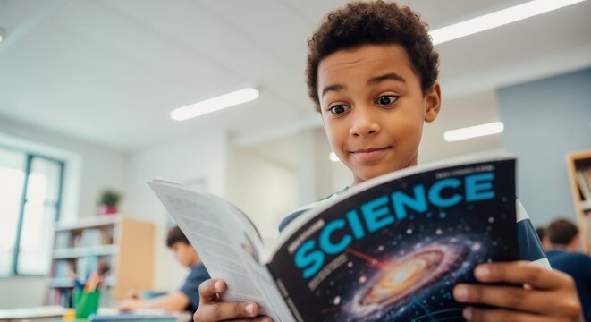 Amazed African American boy reading science magazine in classroom. Excited student discovering astronomy. STEM education