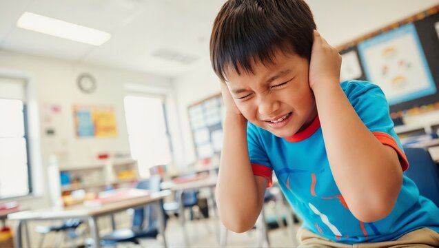 Distressed Asian boy covering ears in school classroom. Student experiencing sensory overload or loud noise. Child feeling anxious and overwhelmed. Mental health
