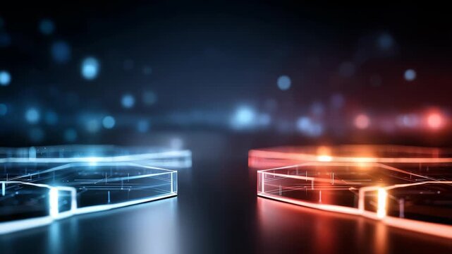 Two illuminated hexagonal platforms, one blue and one red, stand opposite each other in a sleek, high tech digital space. The scene evokes innovation, competition, and advanced virtual environments