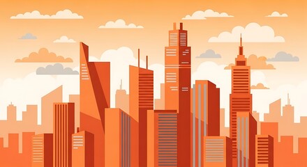 Obraz premium Stylized urban skyline in shades of orange with clouds, flat design