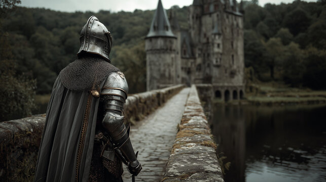 A knight in shining armor guarding a castle bridge over a deep moat
