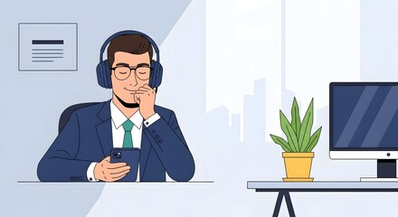 Naklejka premium Meditative Workspace: A man, engrossed in a world of sound, finds solace within his modern workspace, accompanied by a plant.