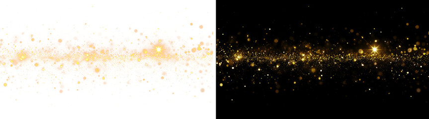 Abstract golden glowing particles and bokeh on a black background. Festive gold dust overlay effect for luxury, magic, or holiday designs. © Viktoriia