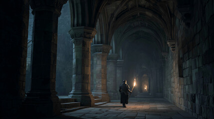 A knight lighting a torch while walking through a dark castle corridor