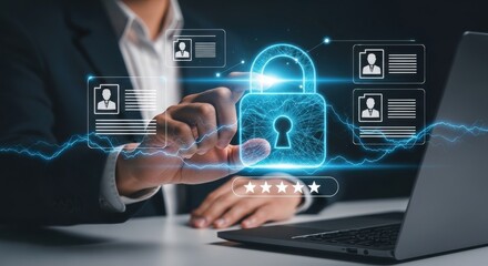 Fototapeta premium A businessman interacting with a digital security interface on his smartphone at a desk with a laptop
