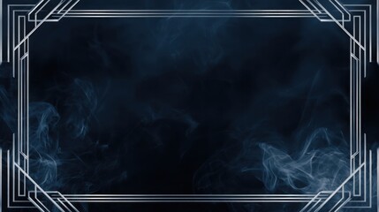 art deco navy blue background with silver geometric lines and soft blue smoke drifting across frame, refined symmetry, subtle glow, premium vintage
