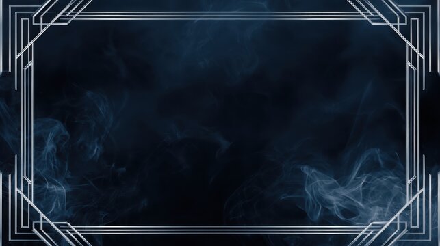 art deco navy blue background with silver geometric lines and soft blue smoke drifting across frame, refined symmetry, subtle glow, premium vintage