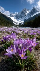 Obraz premium Mountain landscape with purple crocus flowers