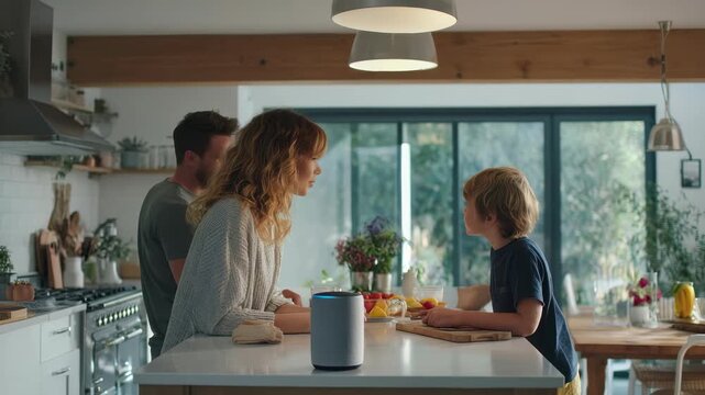 A mother and child interact at a kitchen island while a man prepares food in the background, creating a warm family moment. The scene features modern appliances and a sunlit interior
