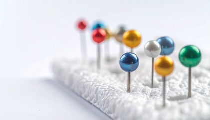 Macro Shot of Colorful Round Head Map Pins on White Textured Surface