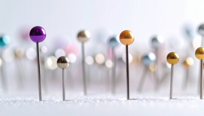 Macro View of Multi Colored Round Head Pins with Soft Bokeh Background