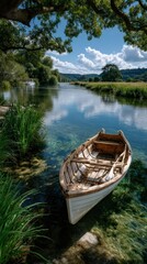 Obraz premium Serene wooden boat on calm river