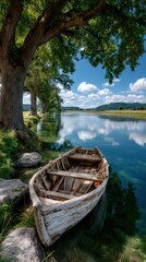 Obraz premium Serene wooden boat on calm river