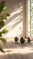 Two dumbbells are on a wooden floor in front of a window