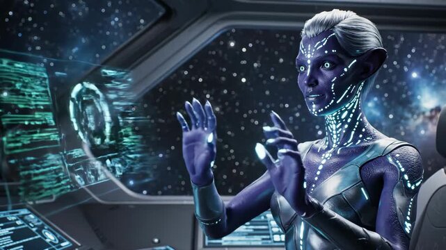 Futuristic alien character interacts with advanced technology in spaceship cockpit, glowing patterns accentuate sleek design and imaginative features.