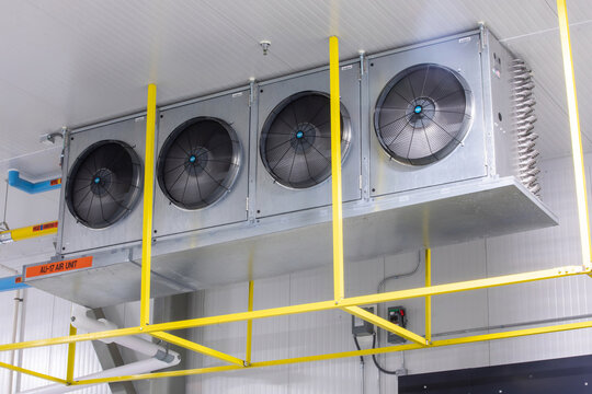 industrial cold storage room with large, ceiling-mounted  with evaporator fan units, used to remove heat from the room to maintain low temperatures