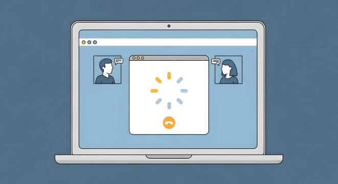 Virtual Meeting Glitch: A modern illustration captures the frustration of a video call disrupted by a buffering screen, symbolizing the common challenges of digital communication.