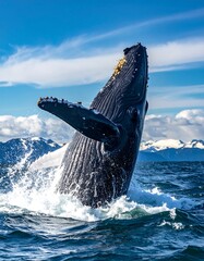 Fototapeta premium A large whale breaches the water's surface with a mountain range in the background