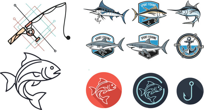 A comprehensive vector set of fish icons and sea animal illustrations featuring artistic silhouette designs for transport, travel, and sport vehicle logos in a clean cartoon sketch style