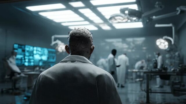 Captures high tech laboratory where researcher with neural implant oversees cutting edge experiments. Environment emphasizes progress in brain computer interfaces, digital health