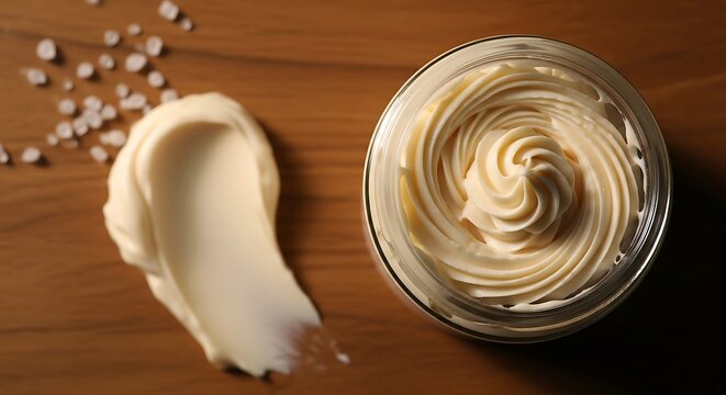 Top-down shot of whipped cream-like substance in jar and smear, with salt flakes on wood