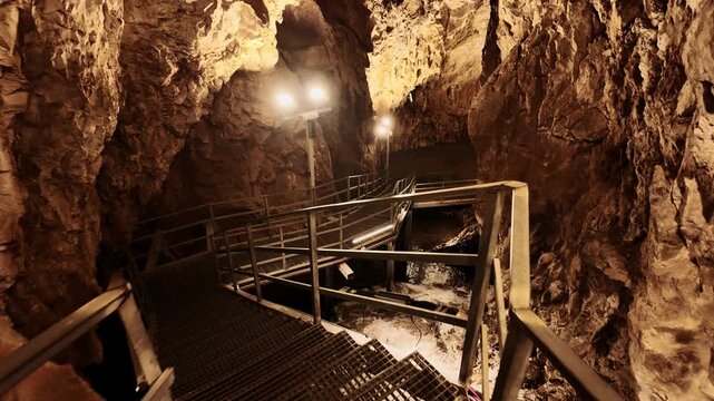 Walking down metal stairs inside Stopica Cave in Zlatibor with illuminated limestone walls and underground atmosphere. Tourist pathway leading deeper into the natural cave formation in Serbia