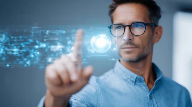 A professional man uses a virtual touchscreen, symbolizing digital transformation and advanced technology. The scene conveys progress, intelligence, and future oriented business solutions