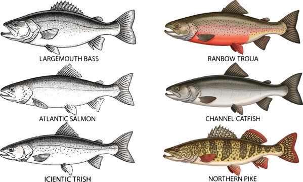 Set of fresh raw seafood including trout, salmon, and mackerel isolated on a white background for healthy cooking
