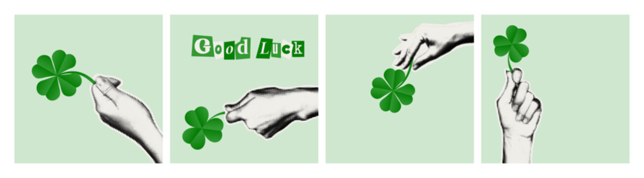 Halftone hands holding green four leaf clover. St Patrick&rsquo;s Day good luck symbol. Lucky charm. Social Media Post,  greeting card, banner, flyer, poster, invitation 