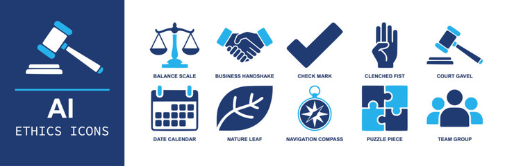 AI Ethics icon set. Containing balance scale, business handshake, check mark, clenched fist, court gavel, calendar, nature leaf, compass, puzzle, team group and more. Solid fill vector icons © Ella
