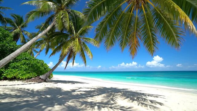 A serene beach scene with a leaning palm tree casting a shadow on the pristine white sand, surrounded by lush greenery and overlooking the turquoise ocean waters under a clear blue sky