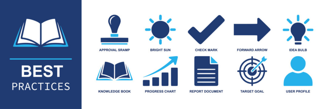 Best Practices icon set. Containing approval stamp, check mark, idea bulb, knowledge book, progress chart, report, target goal, user profile, forward arrow and more. Solid fill vector icons