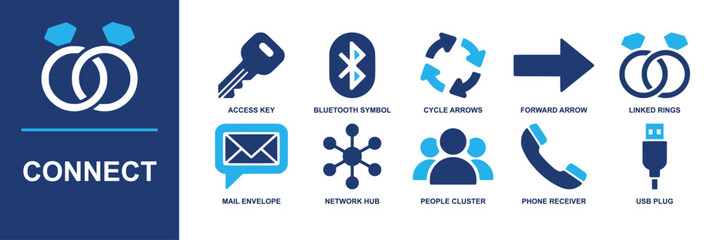 Connect icon set. Containing access key, bluetooth symbol, sync arrows, linked rings, mail envelope, network hub, phone receiver, USB plug and more. Solid fill vector icons collection