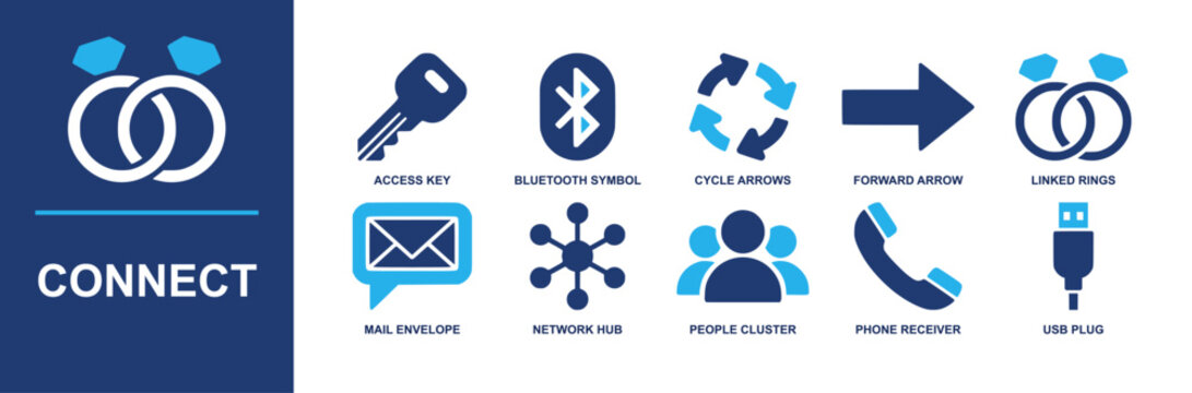 Connect icon set. Containing access key, bluetooth symbol, sync arrows, linked rings, mail envelope, network hub, phone receiver, USB plug and more. Solid fill vector icons collection
