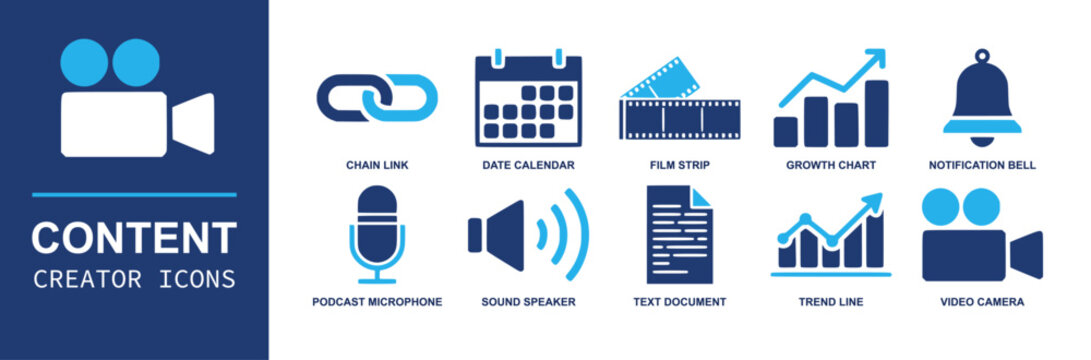 Content creator icon set. Containing video camera, podcast microphone, sound speaker, film strip, calendar, chain link, notification bell, charts, document and more. Solid fill vector icons