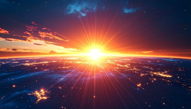Spectacular sunrise over Earth, illuminating cities and clouds.