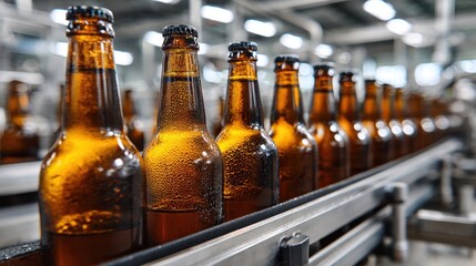 Brown glass beer bottles with condensation moving along automated conveyor belt in contemporary brewery factory, industrial beverage production concept.