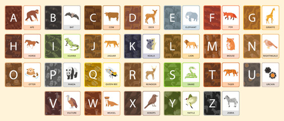 English alphabet flashcards for kids learning ABCs. Educational colorful alphabet chart with illustrations and vocabulary words for print, preschool, homeschool, kindergarten, nursery, classroom.  © Avril