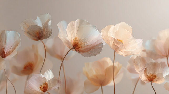 Abstract floral background with soft translucent petals and warm pastel tones