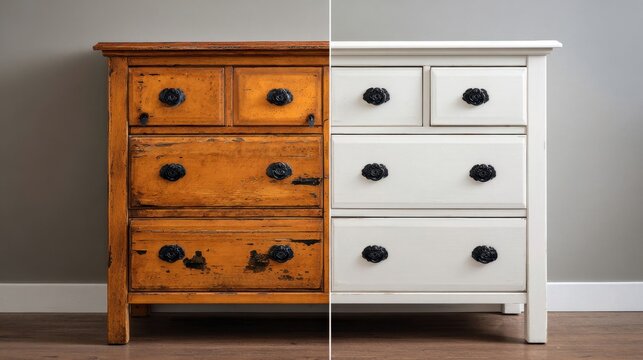 Old wooden dresser restoration before and after comparison interior renovation concept