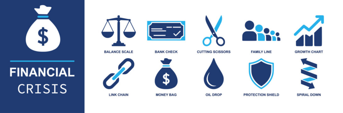 Financial crisis icon set. Containing money bag, bank check, balance scale, oil drop, shield, link chain, scissors, family line, charts, spiral down and more. Solid fill vector icons