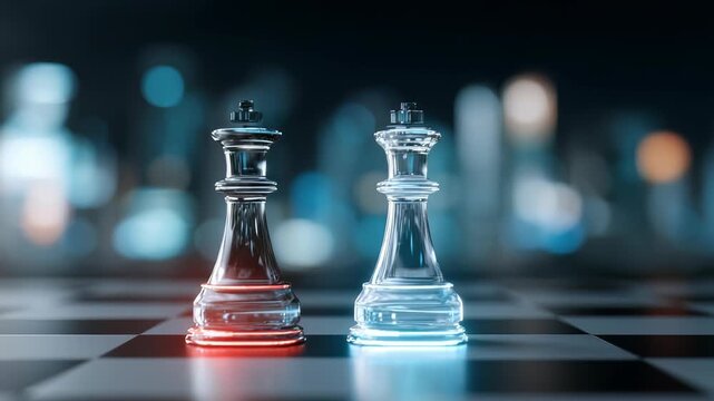 Glass chess kings highlighted by contrasting lights symbolize rivalry, intellect on chessboard, set before futuristic city view. Scene evokes themes leadership, tactics, urban sophistication