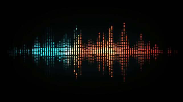 A colorful sound wave graphic with orange and blue pixels on a black background with a reflective effect