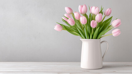 Obraz premium A bouquet of pink tulips in a white ceramic jug on a wooden table. Greeting card background with space for text. 
