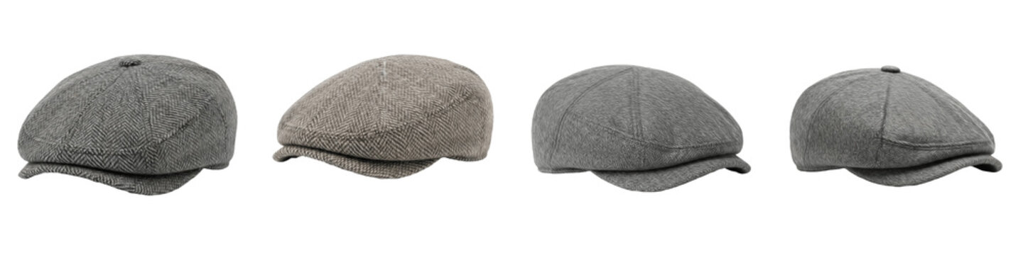 Vintage Mens Flat Cap Collection, Newsboy Herringbone Gatsby Hat Set, Tweed Ivy Driving Cap, Grey Brown Charcoal Wool Blend, Retro Headwear Accessory, Isolated PNG