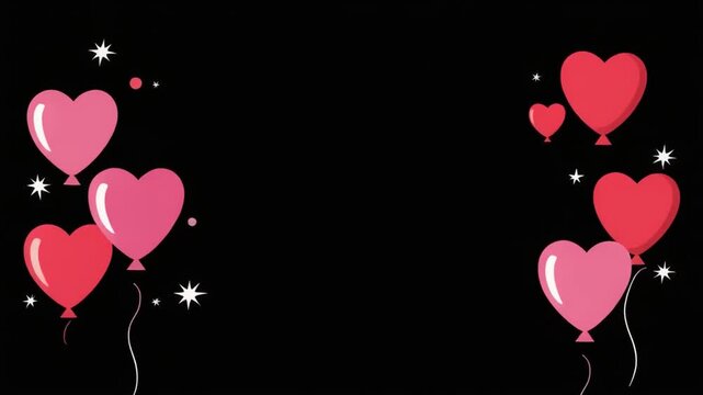 A digital illustration of heart-shaped balloons in shades of pink and red, floating amidst white stars on a black background, with a white banner at the bottom
