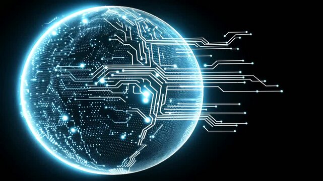 Abstract glowing blue digital sphere with circuit patterns, lines on black background