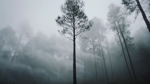 A dense forest shrouded in thick fog, with tall trees rising out of the mist, their branches sparse and their trunks slender