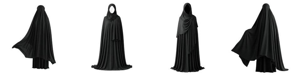 Naklejka premium Traditional Black Iranian Chador Set, Modest Islamic Full Body Hijab, Persian Women Religious Prayer Garment, Elegant Flowing Fabric, Isolated PNG, Cultural Middle Eastern Clothing